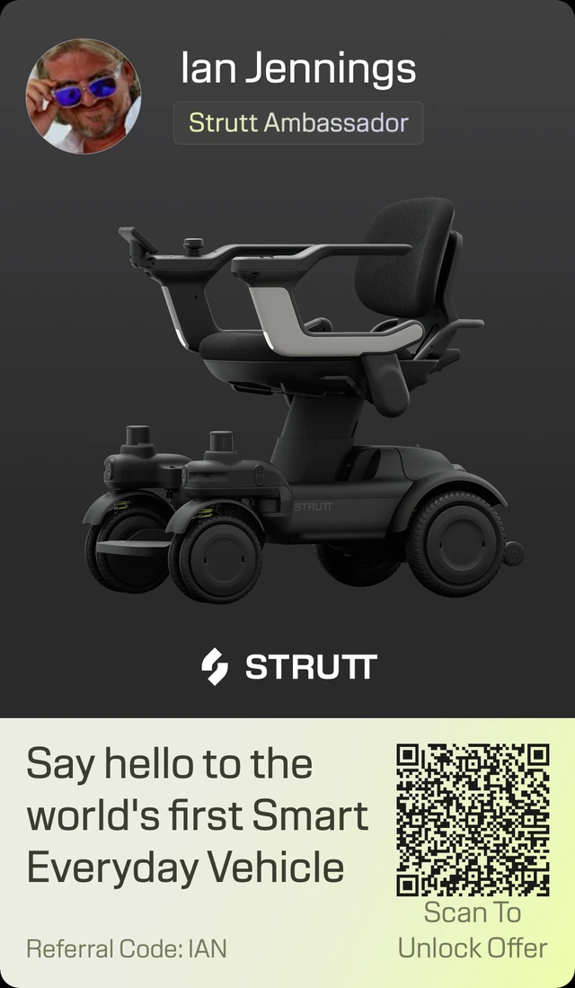 Ian Jennings Strutt Ambassador card with referral code IAN and QR code